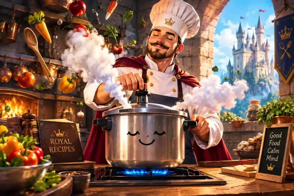 The castle chef never gets nervous because he knows how to handle the pressure cooker.