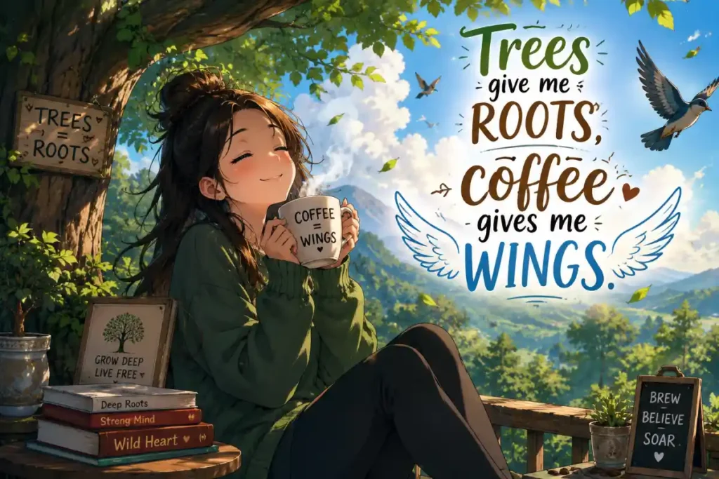 Trees give me roots, coffee gives me wings.